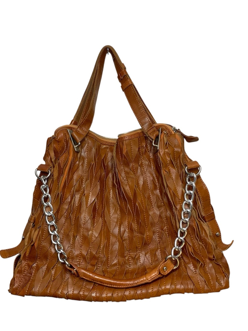 Brown Leather Shoulder Bag Cognac Chain Strap Versatile Neutral Zip Large Tote